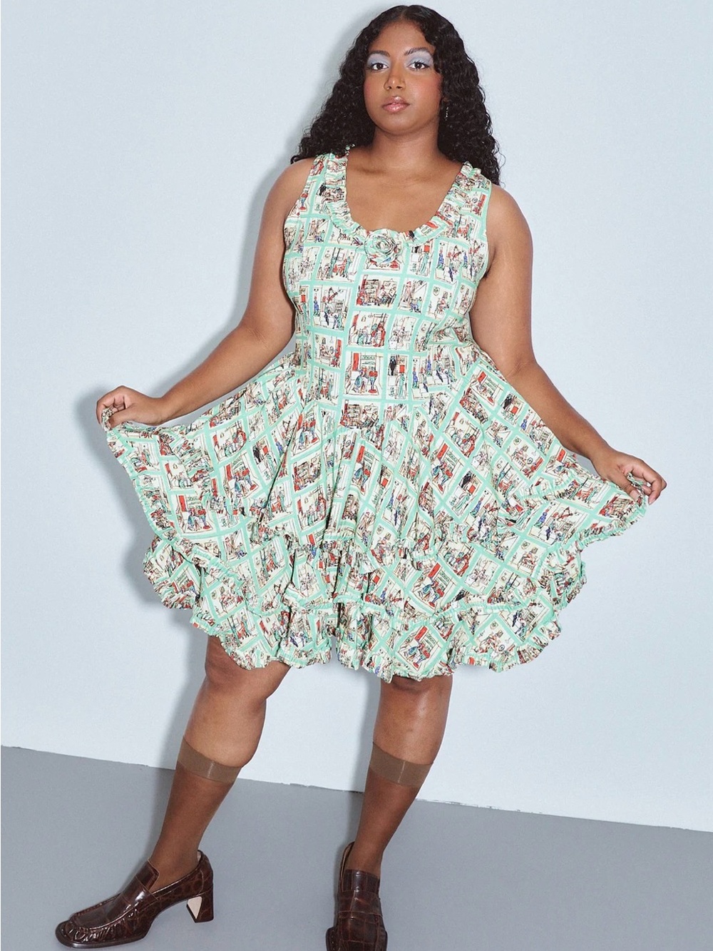 FASHION BRAND COMPANY Soft Linen Tiered Ruffle Mini Cake Dress ~Sex House~ Print